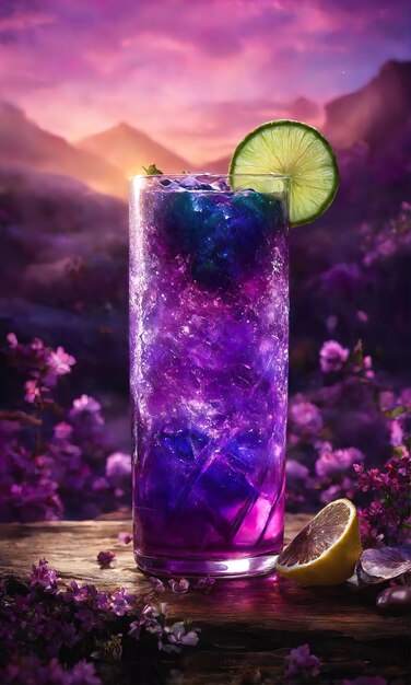 Cocktail violet avec de la glace sur une table en bois Focus sélectif ai génératif