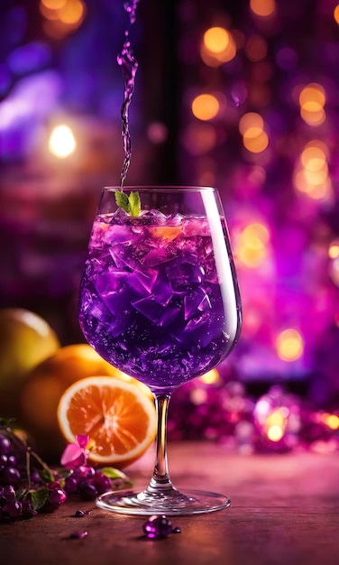 Cocktail violet avec de la glace sur une table en bois Focus sélectif ai génératif