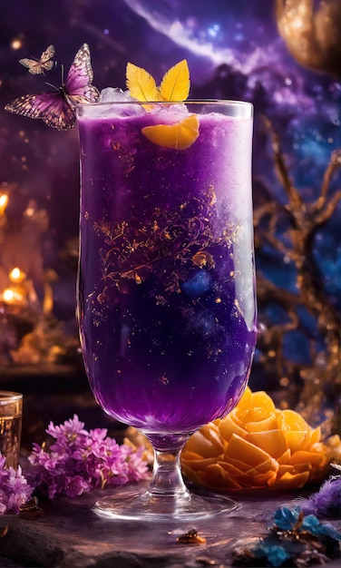 Cocktail violet avec de la glace sur une table en bois Focus sélectif ai génératif