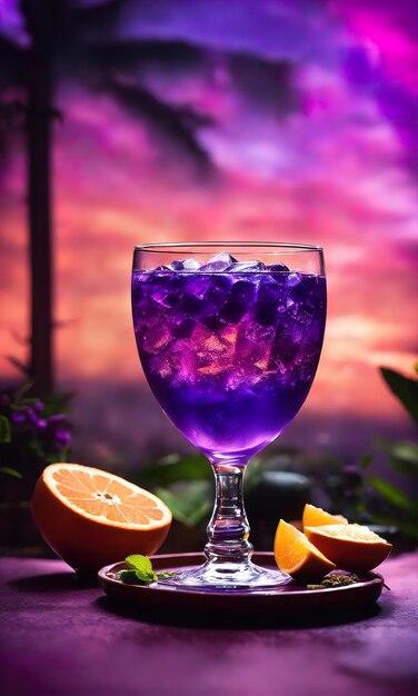 Cocktail violet avec de la glace sur une table en bois Focus sélectif ai génératif