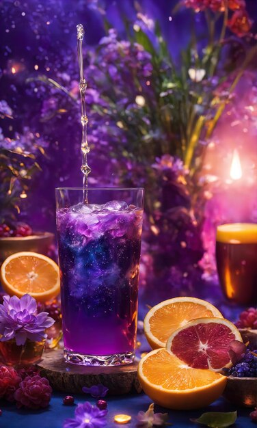 Cocktail violet avec de la glace sur une table en bois Focus sélectif ai génératif