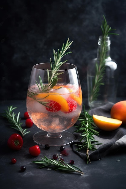 Cocktail de vodka et sprite avec fruits mûrs et romarin Illustration AI GenerativexA