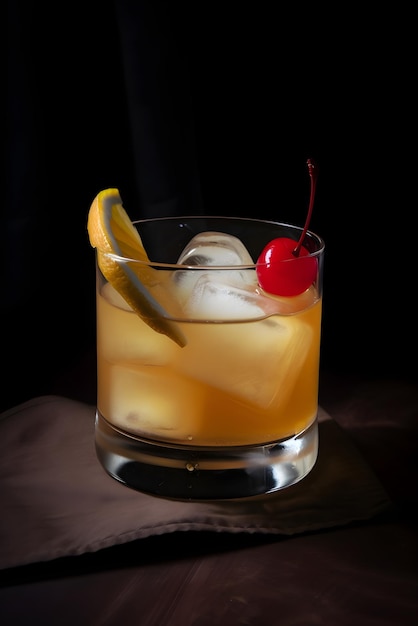 Cocktail whisky sour avec glace et citron en verre sur fond sombre Apéritif sur fond noir AI généré