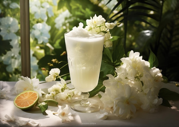 Un cocktail White Lady rafraîchissant capturé dans un jardin entouré de fleurs blanches éclatantes
