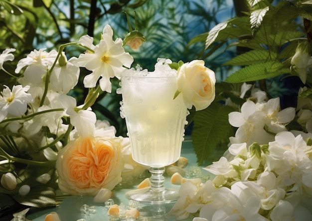 Un cocktail White Lady rafraîchissant capturé dans un jardin entouré de fleurs blanches éclatantes