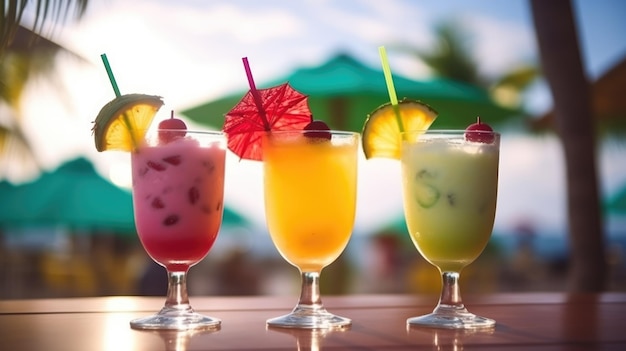 Cocktails alcoolisés rafraîchissants à la menthe glacée et aux fruits sur le bar en gros plan contre la mer Sunset Party