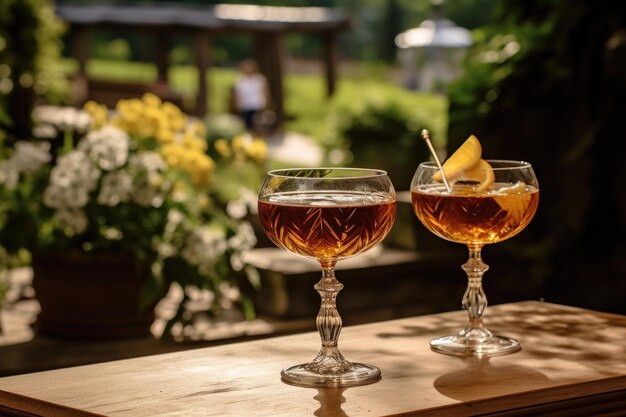 Cocktails Amaretto sur une table de jardin en bois créée avec une IA générative
