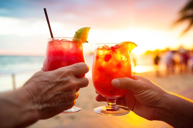 Cocktails au bord de la mer, retraite joyeuse d'un couple de personnes âgées