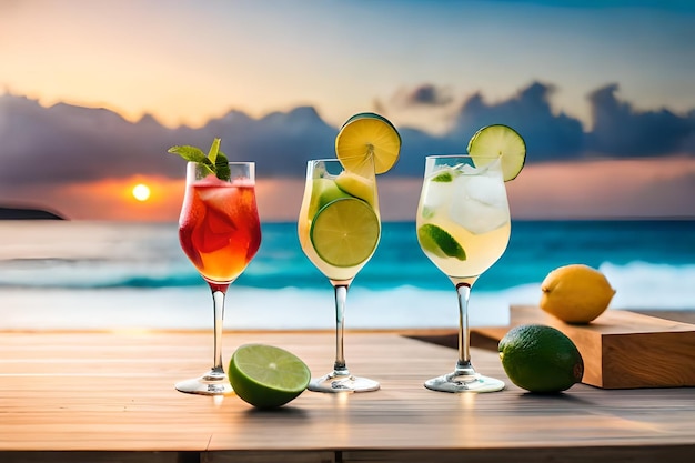 cocktails aux citrons verts et citrons verts sur une table avec un coucher de soleil en arrière-plan.