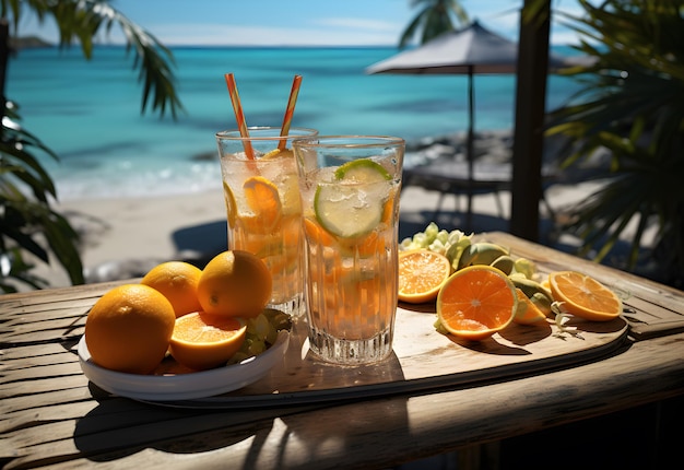 Cocktails aux oranges et au citron vert sur une table en bois sur la plage