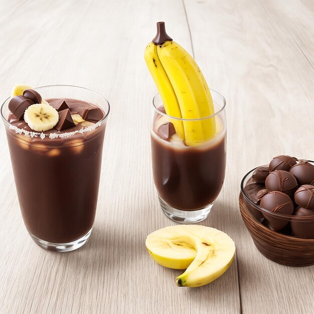 Photo cocktails avec de la banane et du chocolat sur table sur fond de bois