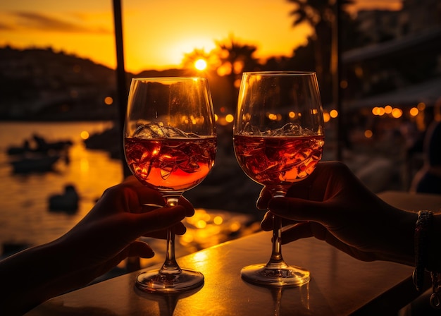 Cocktails de bar d'été au coucher du soleil Alcool boisson d'orange lors de vacances romantiques IA générative