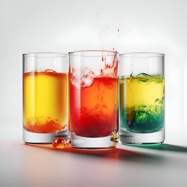 Cocktails colorés dans des verres avec des éclaboussures sur fond gris rendu 3D