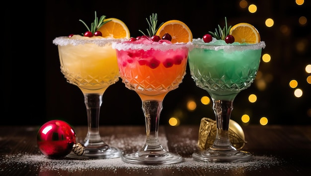 Cocktails colorés dans des verres à martini avec décorations de Noël en arrière-plan