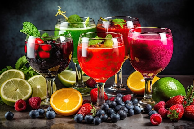 Cocktails colorés avec un mélange de fruits, de baies et d'herbes créés avec une IA générative