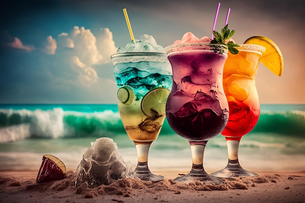 Cocktails colorés sur la plage avec un ciel bleu en arrière-plan