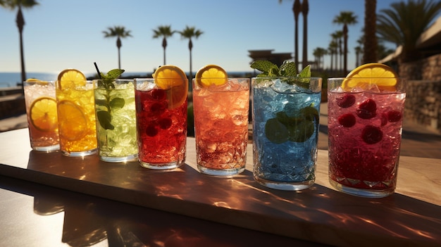 Cocktails colorés et savoureux dans un paysage magnifique avec mer et plage