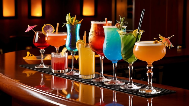 Des cocktails sur le comptoir du bar, des boissons colorées dans des verres.
