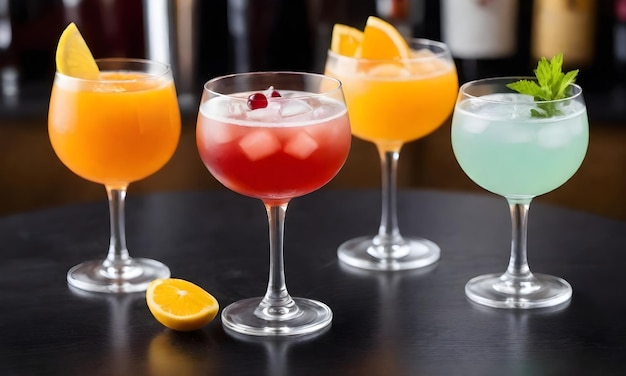 Des cocktails dans des verres avec des garnitures sur un comptoir de bar