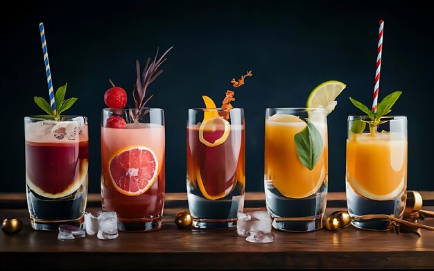 Des cocktails de différentes couleurs dans des verres sur une décoration de table de différents cocktails dans différents verres