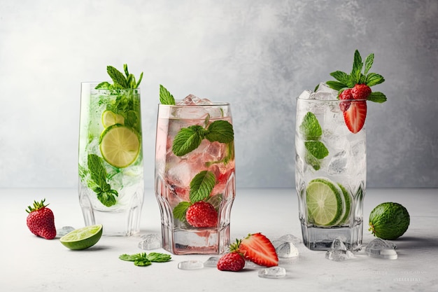 Cocktails d'été et autres boissons Menthe glacée et citron vert dans un verre de mojito à la fraise