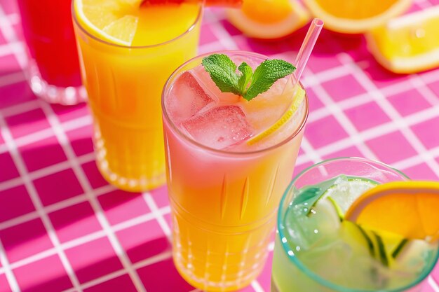 Cocktails d'été sur un bar rose vibrant avec une vue sur la piscine.