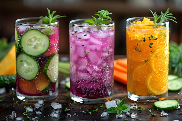 Photo cocktails d'été colorés avec des fruits et des légumes sur un fond sombre