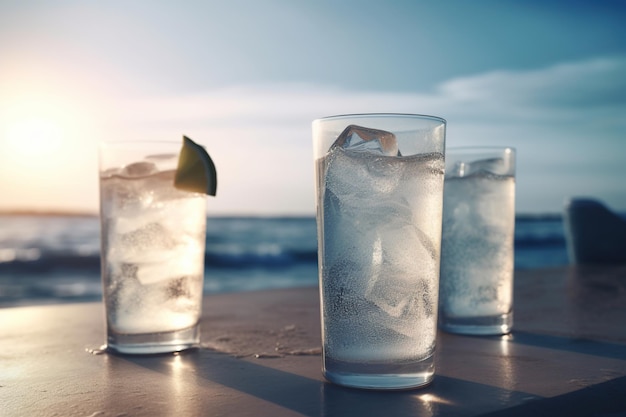 Cocktails d'été avec de la glace sur le fond de la saison estivale de la plage