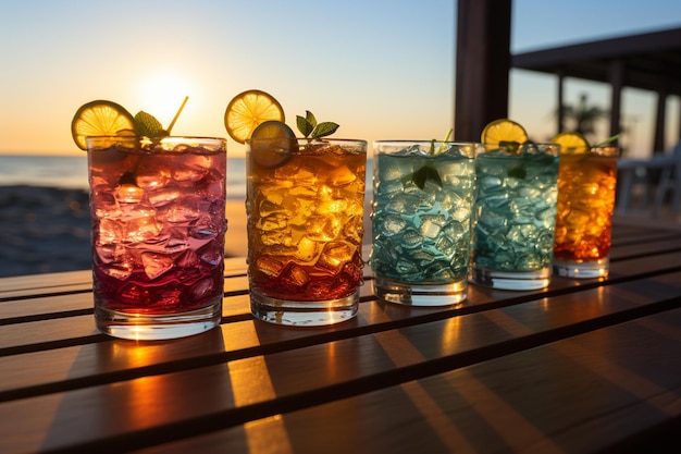 Cocktails d'été rafraîchissants sur la plage avec palmiers et ai générative au coucher du soleil