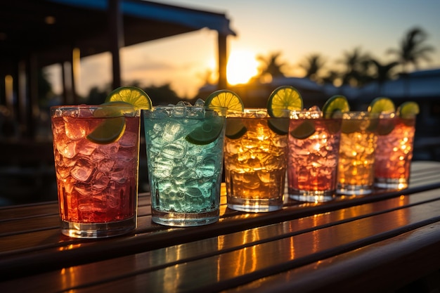 Cocktails d'été rafraîchissants sur la plage avec palmiers et ai générative au coucher du soleil