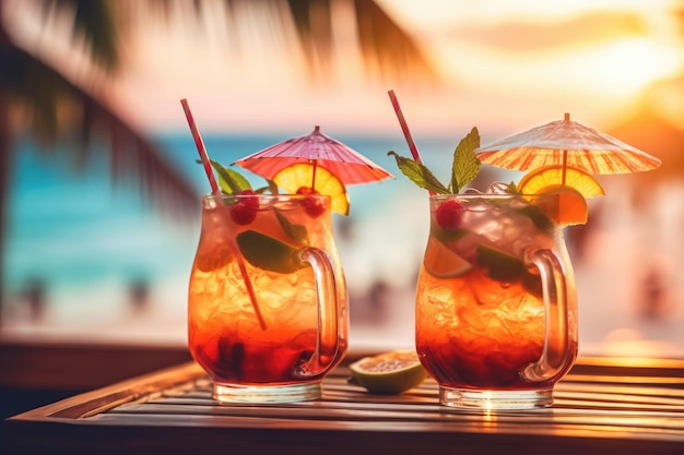 Cocktails d'été sur une station balnéaire tropicale de luxe au coucher du soleil