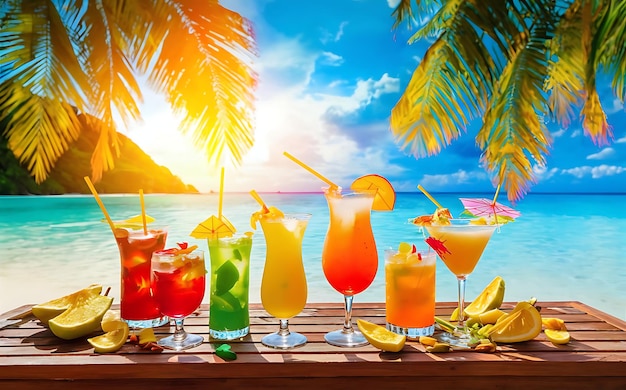 Cocktails d'été sur une table en bois devant une plage tropicale avec des palmiers