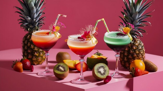 Les cocktails exotiques roses et les fruits sur rose