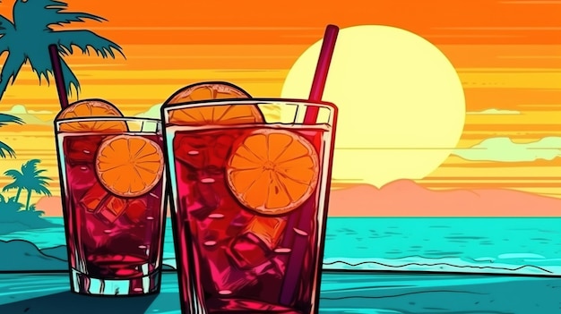 Cocktails sur un fond de plage Concept fantastique Peinture d'illustration