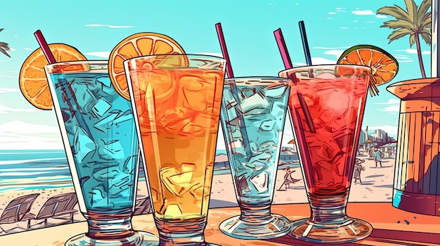 Cocktails sur un fond de plage Concept fantastique Peinture d'illustration