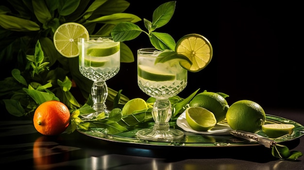 cocktails frais avec citron vert et fruits sur table