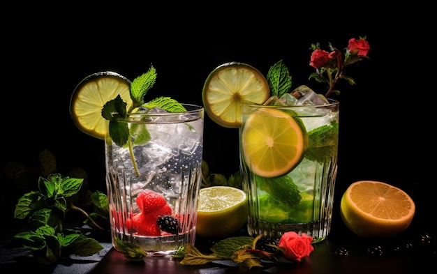 Cocktails frais avec de la glace, du citron vert et des fruits