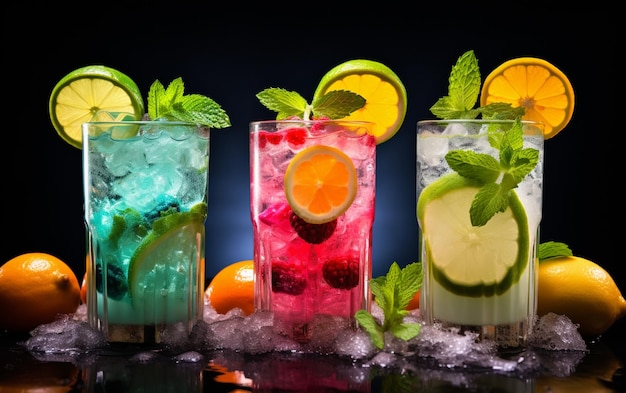 Cocktails frais avec de la glace, du citron vert et des fruits