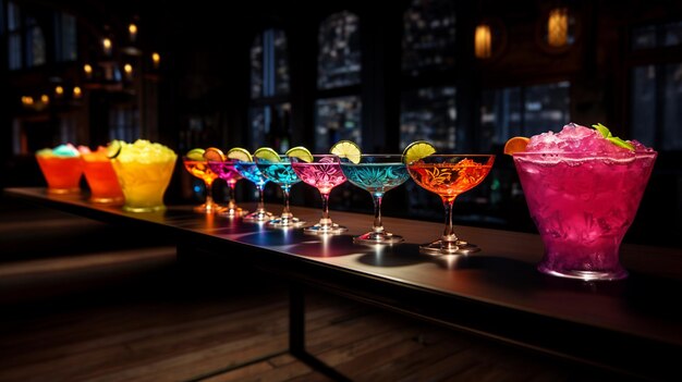 Photo des cocktails frais de toutes les saveurs servis sur la table d'une discothèque