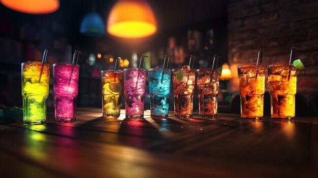 Photo des cocktails frais de toutes les saveurs servis sur la table d'une discothèque