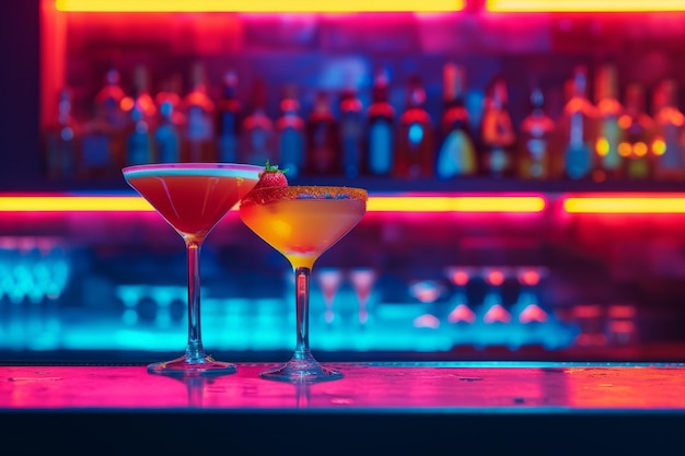 Des cocktails lumineux éclairant un comptoir de bar faiblement éclairé embrassant l'allure néon parfaitement symétrique