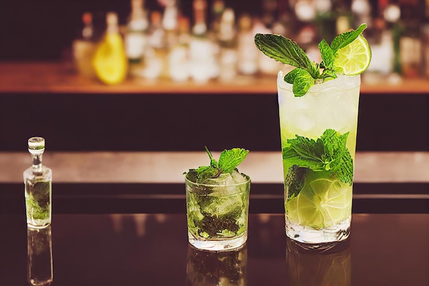 Cocktails mojito vivifiants épicés avec de la glace sur le comptoir du bar