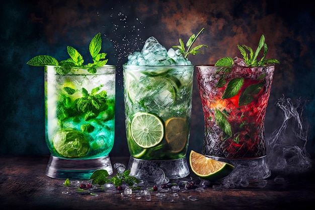 Cocktails mojito vivifiants épicés avec de la glace sur le comptoir du bar