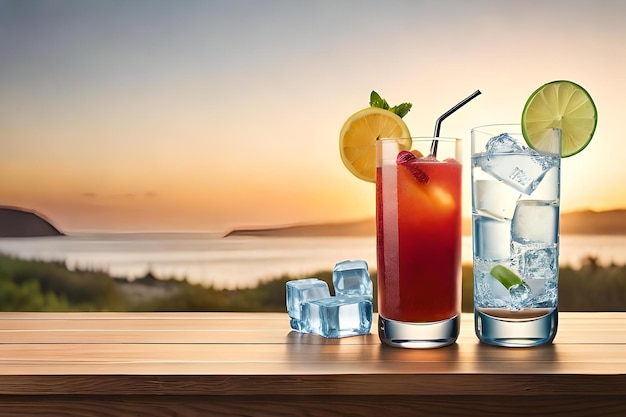 Cocktails sur une table avec un coucher de soleil en arrière-plan.