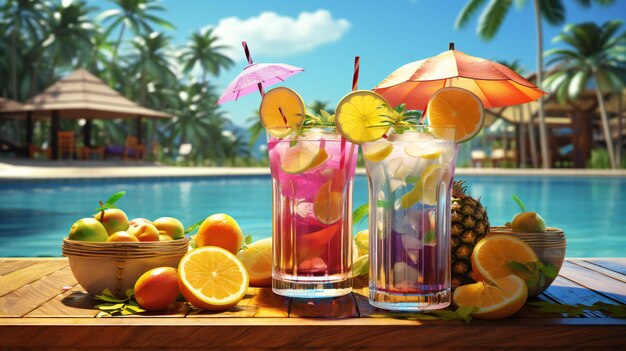 Photo des cocktails sur une table avec une plage tropicale en arrière-plan