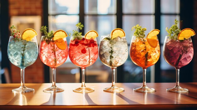 Photo cocktails toniques au gin colorés dans des verres au bar