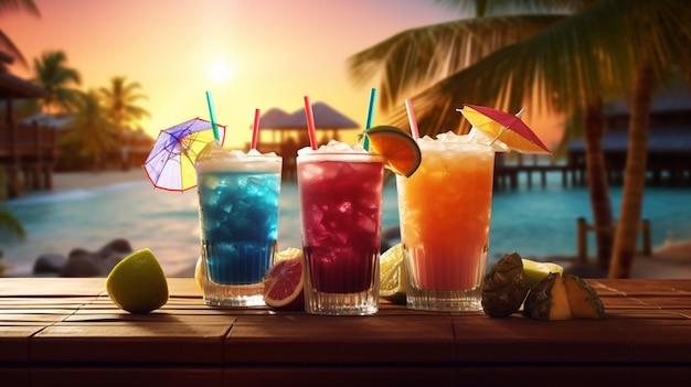 Des cocktails tropicaux en arrière-plan