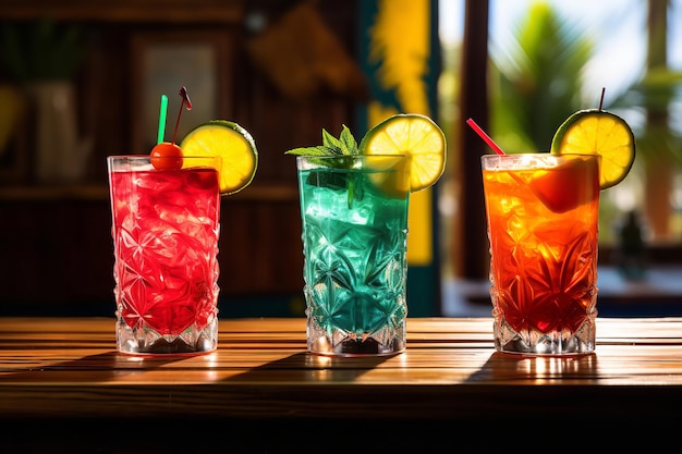 Cocktails tropicaux colorés dans des verres Tiki