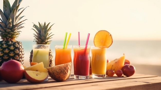 Cocktails tropicaux avec des fruits frais sur une magnifique plage paradisiaque