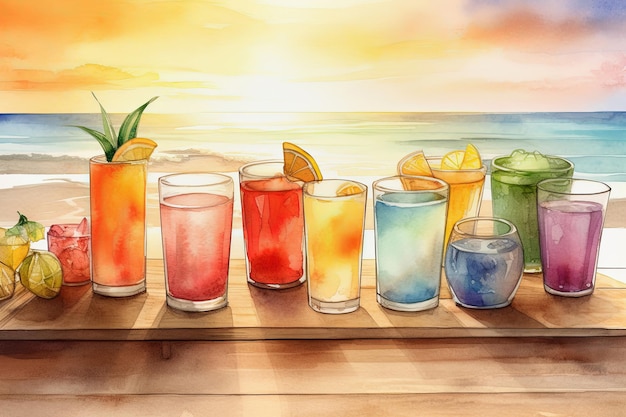 Cocktails tropicaux sur la plage avec fond coloré de coucher de soleil sur la mer Generative AI